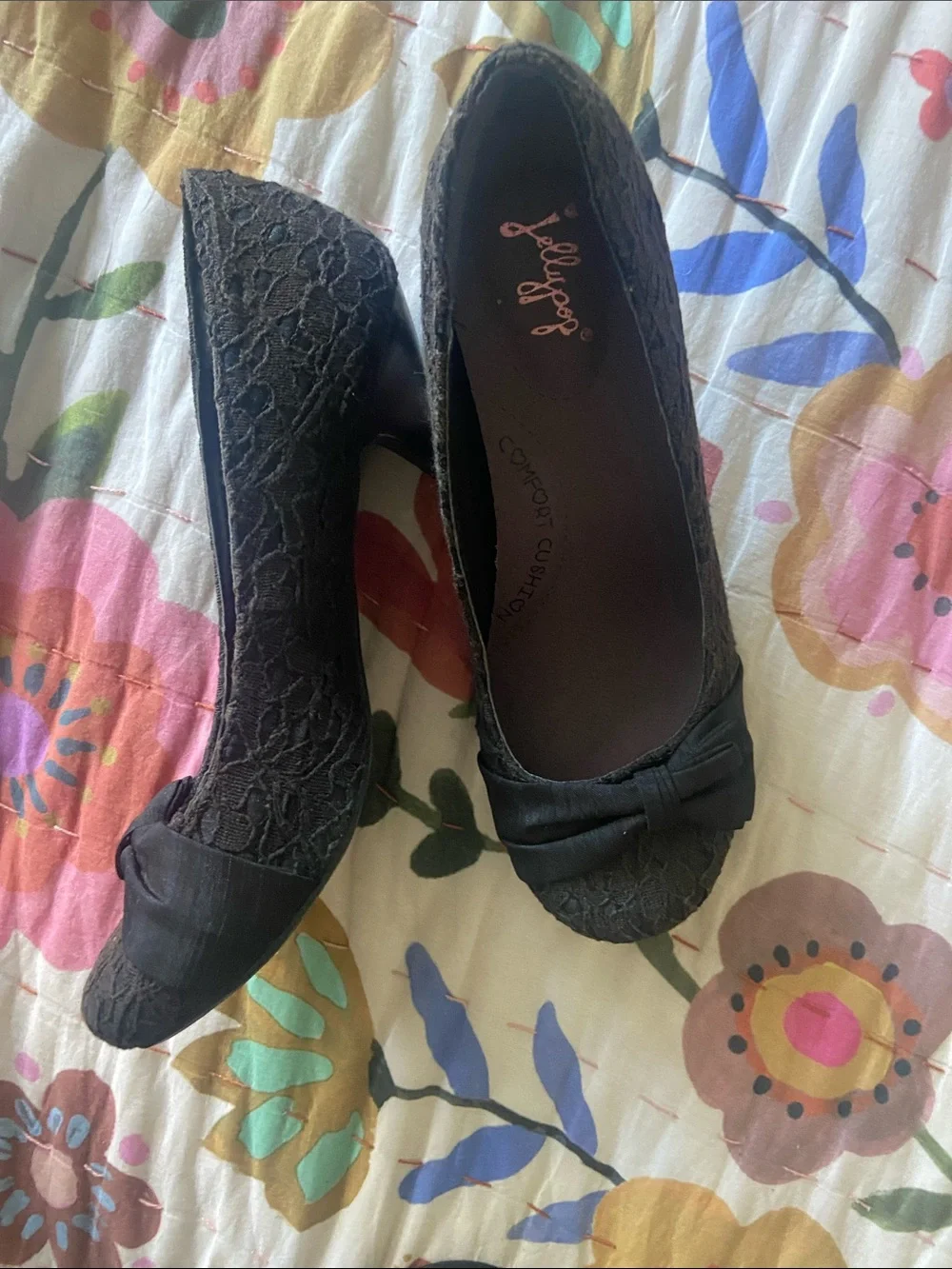 Jellypop Black Lace Retro Kitten Heel Bow Pumps 6.5